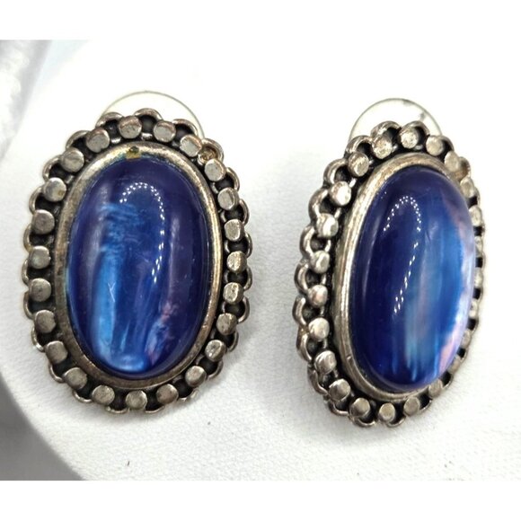 Vintage Silver-Tone Oval Clip-On Earrings W/Blue Iridescent Cabochons - Picture 1 of 4